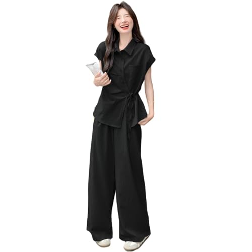 Conjunto de dos piezas premium con solapa asimétrica y pantalones palazzo de algodón