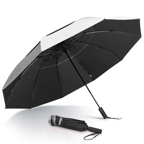 Fulynmen 46 Inch UPF 50+ UV Umbrella Sun Umbrella UV Protection Windproof Large Compact Folding Golf Umbrella 10 Ribs Double Canopy Inverted Reverse Auto Open Close Black