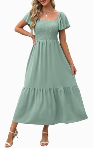 Image of OFEEFAN Summer Dresses for Women Square Neck Ruffle Sleeve Smocked Maxi Dress with Pockets