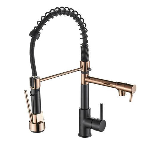 Genérico Grifo de Cocina Mezclador para Fregadero de Cocina, Agua fría y Caliente, Monomando, caño Doble Salida con rociador extraíble, Negro + Oro Rosa