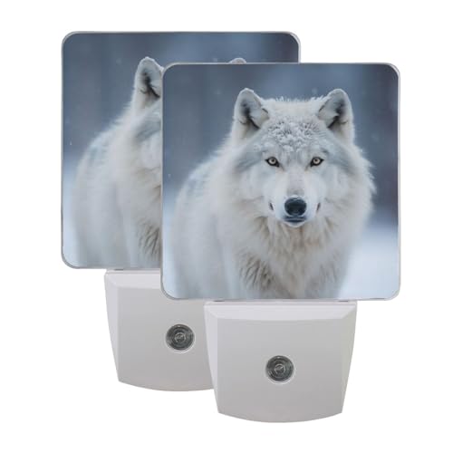 Image of Grey White Wolf Night Lights 2 Pack Plug-in Wall Led Nightlight Auto Dusk-to-Dawn Sensor Lamps for Bedroom Kitchen Bathroom