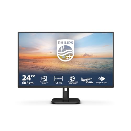 Monitor Philips de 24 pulgadas con detalles de resolución Full HD y características destacadas, mostrando un fondo de atardecer