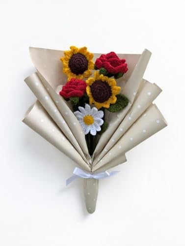 Image of Prapti Handicrafts Artificial Crochet Red Rose Flower Bouquet /Forever Flowers /Valentine Day Romantic Gift for Girls /Boys /Girlfriend /Boyfriend /husbund /Wife Home Decor Gift Ideas (Sunflower+Rose)