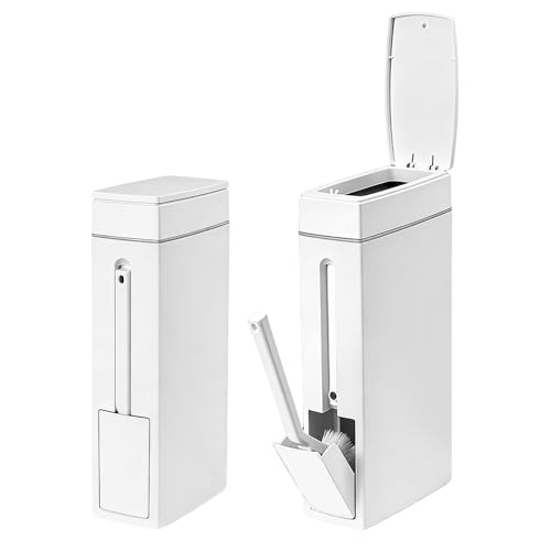 Wxeadu Bathroom Bin and Toilet Brush Set 4.5L Bathroom Bin with Lid Slim Bathroom Bins and Hidden Brush Bathroom Trash Can White Toilet Bin for Bathroom Bedroom Living Room Narrow Space