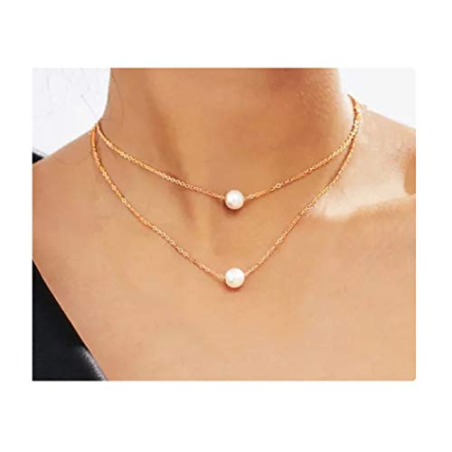Fstrend Lucky Layered Necklace Dainty Simple Pearl Choker Pendant Charms Necklaces Jewelry for Women and Girls (Gold)