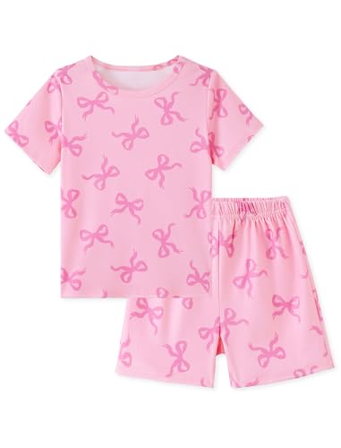 Mikrdoo Girls Pajamas Summer Breathable Short Sleeve 2-Piece Soft Lightweight Kids PJs Sleepwear Set Pink Bow 5T