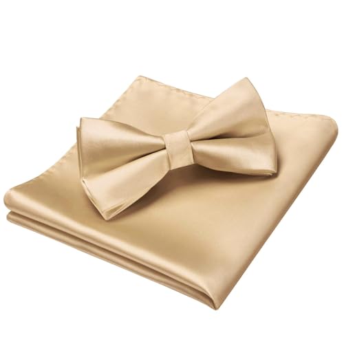 Image of HISDERN Bow Ties for Men Solid Color Pre-Tie Bow Tie and Pocket Square Set Classic Formal Tuxedo Bowties for Wedding Party