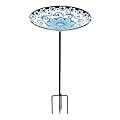 MUMTOP Glass Bird Baths, Garden Outdoor Birdbaths Birdfeeder with Metal Stake for Outside Yard Lawn, Blue