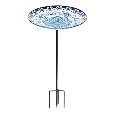 MUMTOP Glass Bird Baths, Garden Outdoor Birdbaths Birdfeeder with Metal Stake for Outside Yard Lawn, Blue