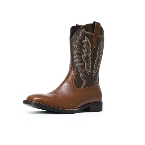 AUSTIN MILL Mens Western Cowboy Boots Retro Classic Square Toe Embroidery Ranch Slip Resistant Outdoor Shoes Brown