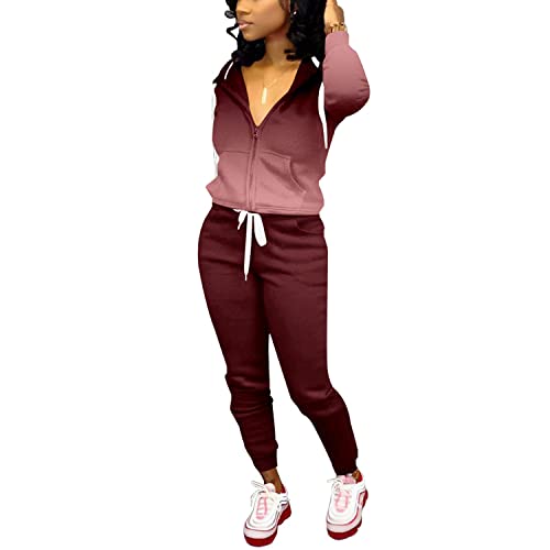 Nimsruc Two Piece Outfits For Women Casual Tracksuit Hoodie Jogging Suits Long Sleeve Sweatsuit Pants Sets Wine Red Gradient Xl #TOP1