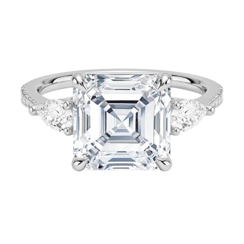 4 CT Asscher Cut Lab Grown Diamond Three Stone Accented Engagement Ring
