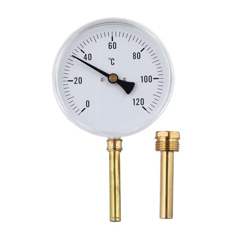RichVibe Termómetro bimetálico de esfera de acero inoxidable de 100 mm con funda de inmersión de cobre, medidor de temperatura de 0 a 120 °C para calderas, sistemas de calefacción, parrillas