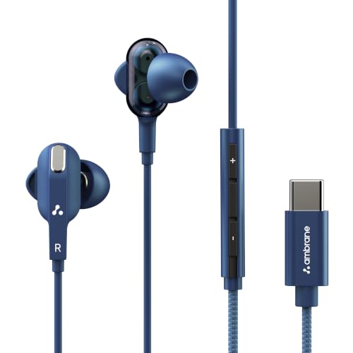 Image of Ambrane Type C Wired Earphones with Mic, Dual Dynamic Drivers, Hi-Fi Stereo Sound, Deep Bass, in-Ear Earphones for Gaming, Music & Calls, Compatible with Type C Smartphones, iPhone,Android, Ipad