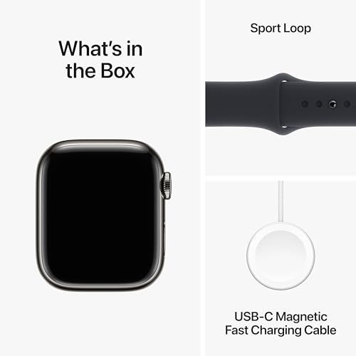 Image of Apple Watch Series 9 [GPS + Cellular 41mm] Smartwatch with Graphite Stainless Steel Case with Midnight Sport Band S /M. Fitness Tracker, Blood Oxygen & ECG Apps, Always-On Retina Display
