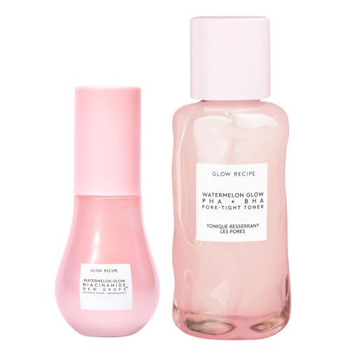 Glow Recipe Mini Niacinamide Dew Drops Facial Serum & Illuminating Makeup Primer (15 ml) + Mini Watermelon Glow PHA + BHA Facial Toner & Pore Minimizer with Hyaluronic Acid (40 ml)