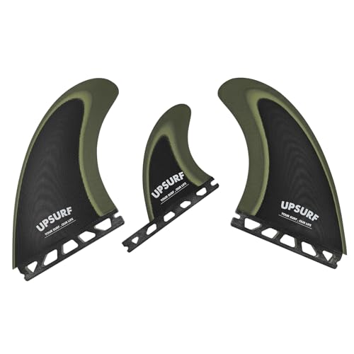 UP SURF Surfboard fin Twin fin Set/Keel Fin T1(2+1) fin Set Black/Grern Color High-Performance Solid Fiberglass fin Compatible Single tab (Future) fin Box.