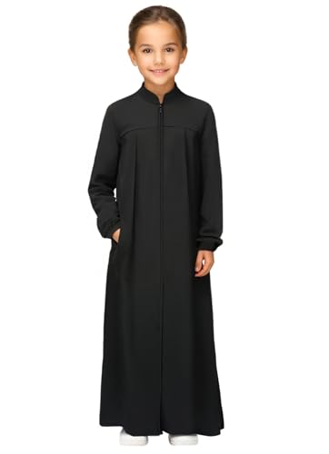 Girls Abaya Muslim Dress with Front Zipper 2 Pockets Dress Long Sleeve Solid Islamic Prayer Clothes for Kids
