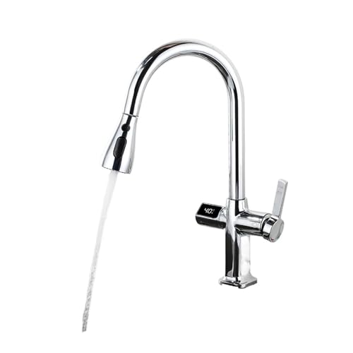 YOtat Grifo De Cascada, Grifo De Cocina Negro, Grifo Gourmet, Grifo De Fregadero De Cocina Extraíble, Función De Pantalla Digital, Grifos De Cocina Giratorios para Lavandería, Utilidad RV (Cromo)