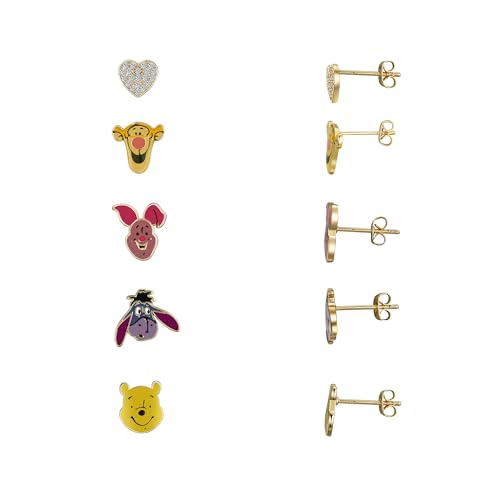Disney Winnie the Pooh Gold CZ & Enamel Heart 5-Pair Stud Earrings Set for Women 14kt Gold Flash Plated Cute Character Gift