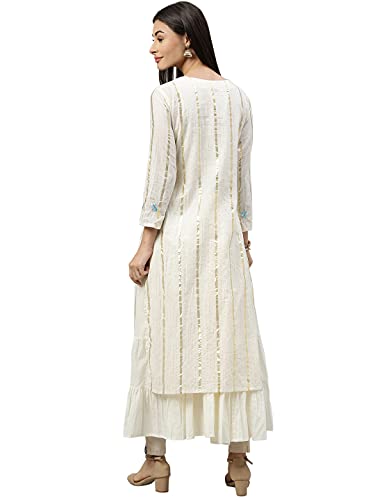 Image of Ishin Women's Cotton Regular Fit Anarkali Embellished Mirror Work Floral Print Kurti