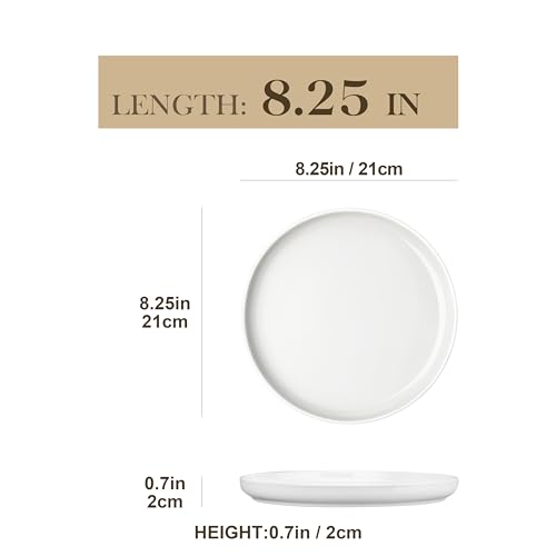 MALACASA LUNA Dessertteller Set für 6 Personen, Ø 21 cm Frühstücksteller aus weißem Porzellan, Servierteller mit erhöhtem Rand für Kuchen, Salat und Vorspeisen 2
