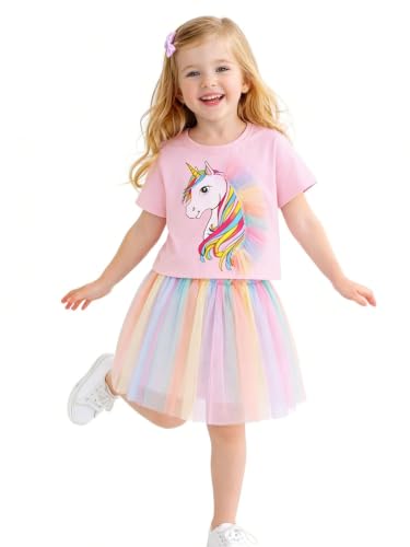 Image of HILEELANG Girls Skirt Set 2 Piece Outfit Cotton Tee Tulle Skirt Set | Soft Cotton Tee, Applique Detail, Layered Tulle Skirt with Lining, Lightweight Comfort for Toddler Little Girls