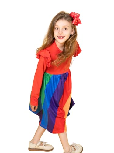 Image of Girl Fall Long Sleeve Dress Christmas Red Rainbow Twirly Skater Midi Party Dress