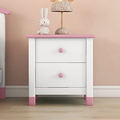 aphrophina Charming Wooden Nightstand for Kids, Two Spacious Drawers for Cozy Bedroom Organization, White and Pink Design