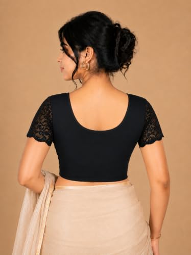 Image of Abhi Cotton Readymade Saree Blouse for Women- Half Net Sleeves, Round Neck, Regular-fit, Stretchable, Pull-on Style Blouse