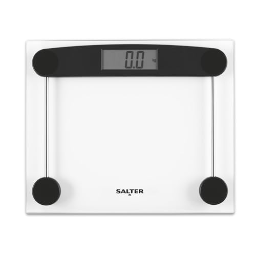 Salter Clear Glass Bathroom Scale Electronic Digital Bodyweight Scale 180kg/28st 8lb Fitness LCD Display Step on Instant Reading Compact Transparent Design Includes Carpet Feet & Battery