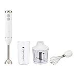 Amazon Basics 300W 4-In-1 Immersion Blender Handheld, Emulsion Blender With Blending Stick, Whisk, Chopper and Beaker, Continuous Speed Control And Turbo Mode, 5-ft Power Cord, White