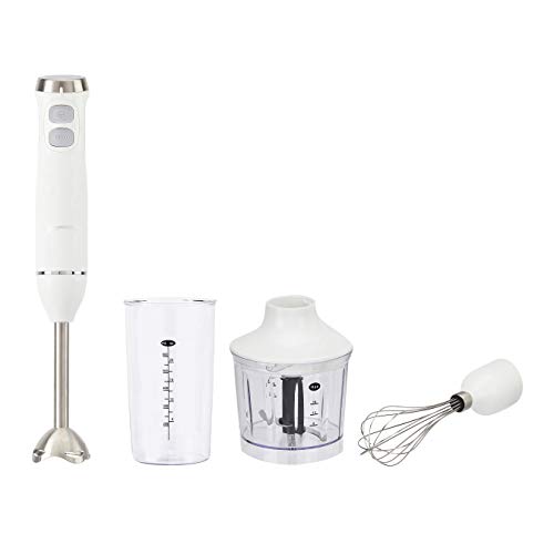 Amazon Basics 300W 4-In-1 Immersion Blender Handheld, Emulsion Blender With Blending Stick, Whisk, Chopper and Beaker, Continuous Speed Control And Turbo Mode, 5-ft Power Cord, White