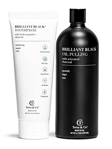 Image of Terra & Co. Brilliant Black Teeth Whitening Kit for Healthy Teeth and Gums | Oil Pulling, Bamboo Charcoal Dental Floss, and Charcoal Tooth Paste | Vegan and Cruelty-Free