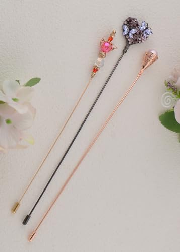 Image of Alilang Magic Lamp Pearl Lady Camo Rose Heart Rhinestones 3Pcs Vintage Long Handle Hat and Lapel Pins with Flexible Bendable Design