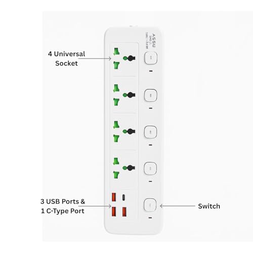 Image of Extension Board, Power Strip with 6 USB Ports and 3 Universal Socket, 2500W 10A Extension Cord, 3-Pin Surge Protector Power Strip for Home, Office, Computer, Mobile Charging (White-A85)