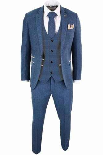 Kromoc Men's Herringbone Checked Three-Piece Suit Notch Lapel Jacket Vest Pants Wedding Speech Set