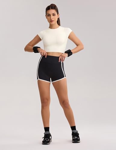 Image of ENERBLOOM Workout Crop Tops for Women Yoga Short Sleeve Removable Bra | Slim Fit, Mild Support, Crop T-Shirt, Mock Neck, Soft Comfort, High-Stretch, for Yoga,Gym & Daily Wear