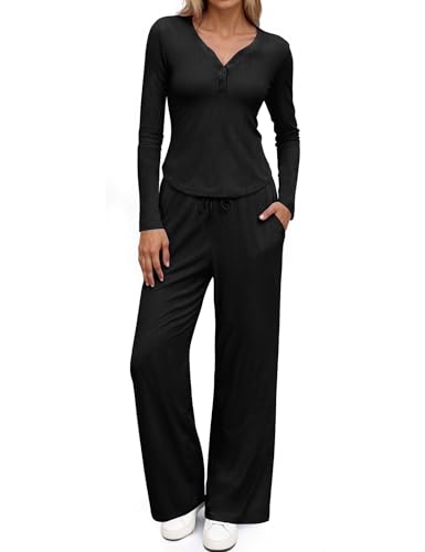 SHESHOW Lounge Sets for Women Button Down Long Sleeve Tops and Wide Leg Pants 2 Piece Sweatsuits Set Loungewear S-XXL