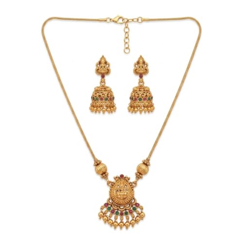 Image of Traditional Gold-Plated Lakshmi Temple Pendant Necklace Set for Women | Antique South Indian Jewelry with Jhumka Earrings | Ethnic Bridal, Wedding & Festive Jewelry Set