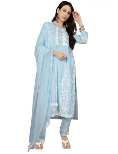 Image of Kaari Women's Chikankari Kurta Set with Dupatta -Fit & Flare Fit | Chiffon Dupatta with Embroidered Band | Straight Pant with Side Pocket | Kurta Set For Women