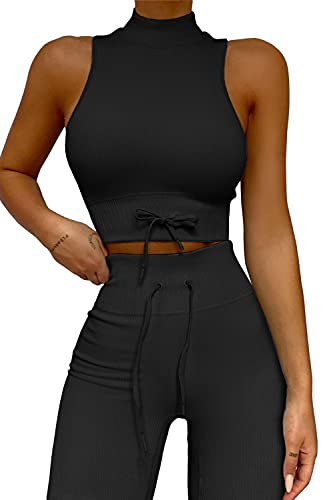 QINSEN Women's Sexy High Neck Yoga Sports Bra Ribbed Seamless Bodycon Exercise Leggings Sets 2 Piece Outfits Black L