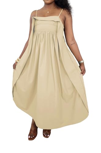 Image of YUEWOO Midi Dresses for Women Casual Summer Sundresses Vacation Outfits Spaghetti Strap Smocked Women Maxi Dress with Pockets