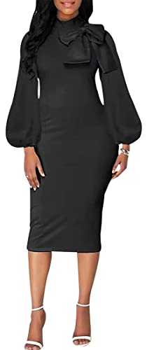 Image of Sexy Long Sleeve Dress for Women Solid Color Bow Knot Turtleneck Formal Gown Midi Casual Church Dresses