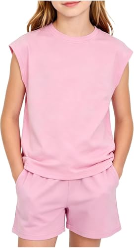 TrendsKidz Teen Short Set 2 Piece Outfits Tween Summer Clothes Kids Athletic Sets Girl Cute Outfits Girls Workout Clothes pink Short Set Girls Sets Size 9-10 Years