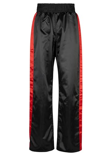Foto von BAY Edel Stick Kickboxhose, Größe 170 - M, schwarz mit roten Seitenstreifen, gestickte Schrift Kickboxen, Thaiboxhose lang, Hose Kick-Boxen Thaiboxen Muay Thai, Satinhose