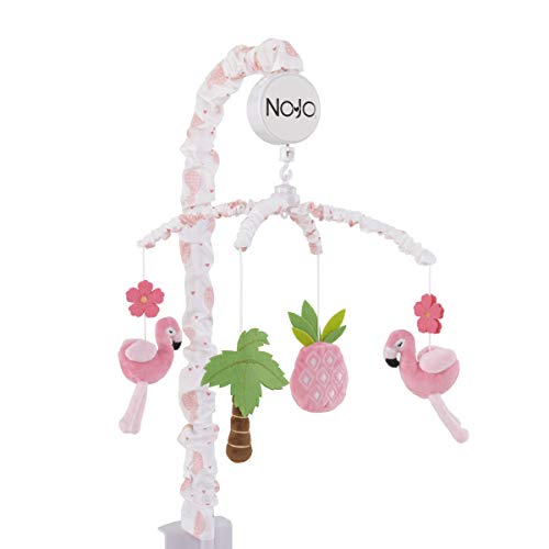 Image of Nojo Tropical Flamingo Nursery Crib Musical Mobile With Plush Pink Flamingos, Flowers, Palm Tree & Pineapple, Pink, White, Green