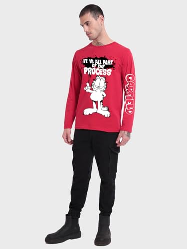 Image of Bewakoof Official Garfield Merchandise Men's Graphic Print Regular Fit Full Sleeve Round Neck Cotton Jersey T-Shirt