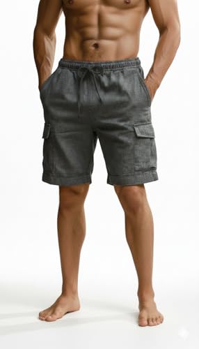 Image of INKKR Men's Cargo Linen Shorts Beach Shorts Drawstring Elastic Multi Pocket Plain Comfort Breathable Knee Length Cotton Shorts