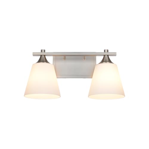 Image of Bathroom Vanity Light Fixtures, Brushed Nickel 2 Lights Traditional Vanity Lighting Fixture with Opal Glass Shade, Porch Wall Mount Light Fixture for Bathroom, Mirror Cabinets Hallway Stairs
